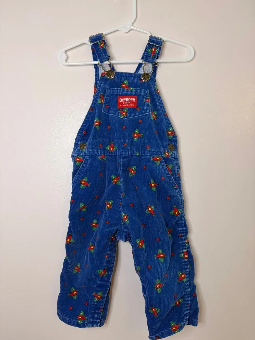 VTG OshKosh B’Gosh Vestbak Rocket Print Corduroy Overalls 24M EUC USA Rare 80s